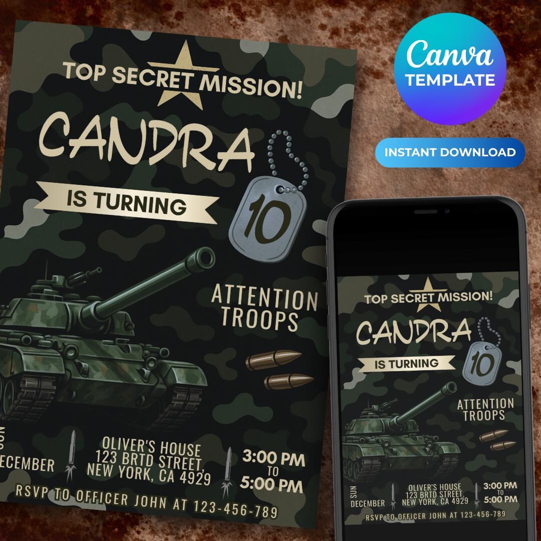 Tank Birthday Invitation Editable Army Theme Party Invite Instant ...