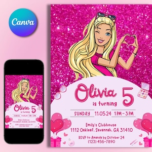 Birthday Invitation Pink Fashion Doll Birthday Party Invitation Girls Cute Doll Theme Invite for Party Instant Download Pink Evite Editable