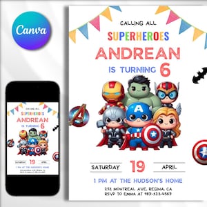 Superhero Birthday Invitation, Kids Party Hero Theme for Kids Digital Download Canva Template