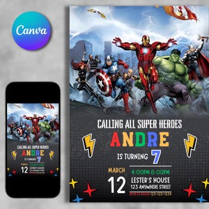 Superhero Birthday Invitation, Hero Boys Party Theme Invite for Boys Canva Template Editable