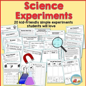 Könnte beinhalten: Eine bunte Collage aus 20 Arbeitsblättern für wissenschaftliche Experimente für Kinder. Die Arbeitsblätter tragen Titel wie "Fossilien", "Steine, die sprudeln", "Wie machen Wolken Regen?", "Mondphasen", "Ich und mein Schatten", "Kann Licht durchdringen?", "Luftdruck", "Verrottung von faulen Tomaten", "Keimexperiment", "Über Fingerabdrücke", "Wasser biegen mit statischer Elektrizität", "Sinken oder Schwimmen", "Was zählt in der Sonne", "Ein Regenbogenexperiment machen", "Eiswürfeluntersuchung", "Telefon mit Schnur", "Erosion", "Ballons aufblasen", "und "Spiegel erforschen".