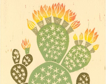 BUNNY EARS CACTUS art print Prickly Pear - Original Illustration Linocut Block Desert Art Print, Desert Art, Fire, Boho Art, Southwest Style