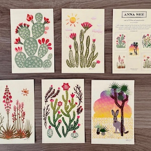 Fine Art Desert Cactus Postcard Set of 5 Reproduction of Original Illustration Linocut Print, 4x6, Desert Art, Boho Art, Southwest Decor