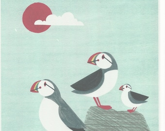 Puffin Family Light Blue and Sun Illustration Archival Art Print for Any Wall, Nursery, Children's Bedroom: Misprint SALE