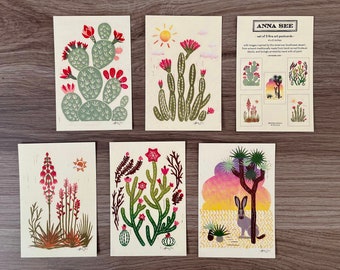 Conjunto de 5 cartões postais de cactos do deserto de belas artes, reprodução de ilustração original, gravura em linóleo, 4x6, arte do deserto, arte boho, decoração do sudoeste