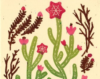 CACTUS FLORALS PATTERN - Original Illustration Linocut Block Desert Art Print, Succulents Print, Desert Flowers, Boho Art, Southwest Style