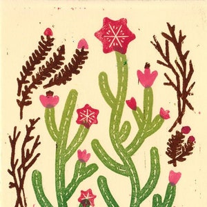 May include: A whimsical illustration of a cactus plant with pink and red flowers, brown branches, and green cacti. The illustration is done in a block print style.