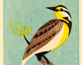 MEADOW LARK Bird - Original Linocut Art Print 5 x 7, Azul, Turquesa, Aqua, Amarillo, Marrón, Negro, Azul y Marrón, Shabby Chic