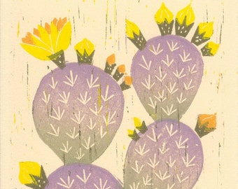 PURPLE and GREEN CACTUS art Prickly Pear Plant - Original Illustration Linocut Block Desert Art Print, Desert Art, Boho Art, Nature Decor