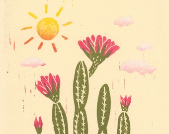 Gradient Sun and Clouds DESERT CACTUS Landscape Original Illustration Linocut Block Desert Art Print, Desert Art, Boho Art, Nature Decor