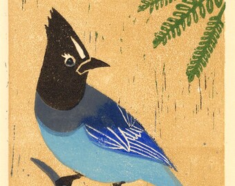 BLUEJAY, Bluebird, Lake Tahoe Jay, Bird Lover Gift Idea, Birdwatcher Gift Bird Art - Original Hand-Pulled Linocut Art Print 5 x 7
