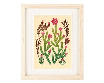 CACTUS FLORALS Pattern Linocut Reproduction Giclee Art Print: 4 x 6, 5 x 7, Wall Art, Home Decor, Desert Boho Style, Southwest Style Art