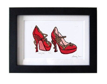 Miu Miu Teacup Mary Jane Pumps Red Linocut Hand-Pulled Art Print: 5 x 7