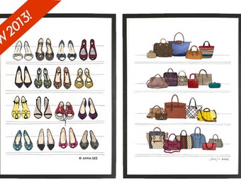 Set of 2 Fashion Illustration Prints of Designer Dream Fashion Closet, Archival Art Giclee Poster Prints of shoes, purses, and handbags