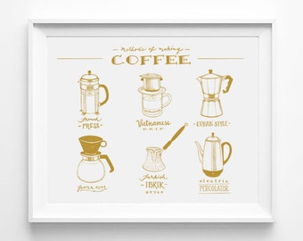 May include: A white framed illustration of six different methods of making coffee. The illustration is in gold and includes a French press, Vietnamese drip, Cuban style, pour over, Turkish Ibrik style, and electric percolator.