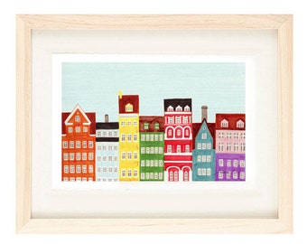 KOPENHAGEN, DÄNEMARK - skandinavische Skyline Design bunte Illustration Kunstdruck Poster, Kindergarten, hell, Regenbogen, Schlafzimmer, 11 x 17