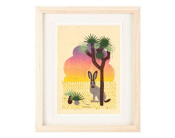 DESERT JACKRABBIT SUNSET Art Print: 4 x 6, 5 x 7,  Linocut Reproduction Giclee, Wall Art, Home Decor, Desert Boho Style, Southwest Style Art