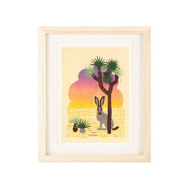 DESERT JACKRABBIT SUNSET Art Print: 4 x 6, 5 x 7,  Linocut Reproduction Giclee, Wall Art, Home Decor, Desert Boho Style, Southwest Style Art