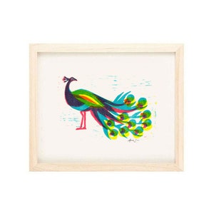 CMYK PEACOCK Illustration -  Rainbow Art, Original Handmade Stamp, Linocut Illustration Art Print, Screenprint, Linoprint, Wall Decor, 5 x 7