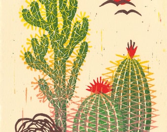 Barrel Cactus Desert Landscape - Original Illustration Linocut Block Desert Art Print, Succulents Print Desert Flowers, Boho Southwest Style