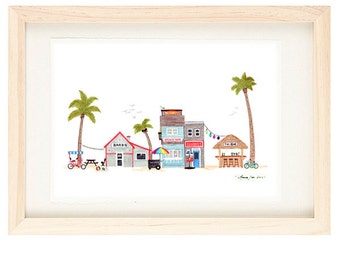 CIUDAD DE PLAYA - Colorido horario de verano, pueblo costero, impresión giclee ilustración, arte para el verano, surf, arena, sol, 5 x 7