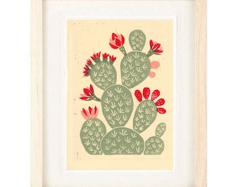 DESERT PRICKLY PEAR Cactus Poster Size Linocut Reproduction Art Print: 8 x 10, 9 x 12, 11 x 14, 12 x 16, Wall Art, Southwest Style Art