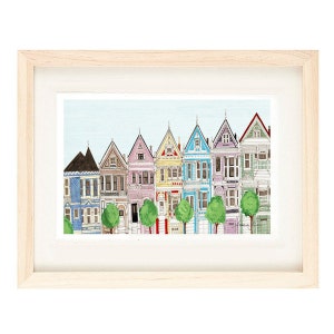 SAN FRANCISCO, CALIFORNIA Victorian Colorful Houses 8 x 10, 11 x 17 Painted Ladies Illustration Art Print, Wall Decor, Blue, Pink image 1