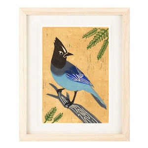 STELLER&#39;S JAY, Linocut Reproduction, Bluebird, Blue Jay, Wall Art Decor, Art Print: 4 x 6, 5 x 7