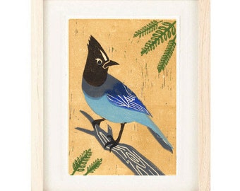 STELLER'S JAY, Linocut Reproduction, Bluebird, Blue Jay, Wall Art Decor, Art Print: 4 x 6, 5 x 7