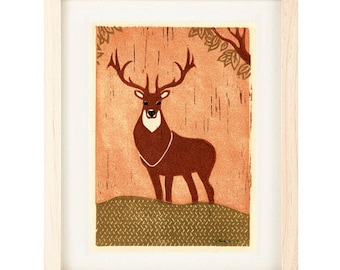 ELK Poster Size Linocut Reproduction Art Print: 8 x 10, 9 x 12, 11 x 14, 12 x 16