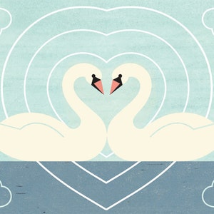 SWAN LOVE Charley Harper Inspired Illustration Art Print: 4 x 6, 5 x 7
