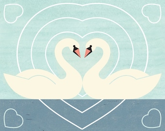 SWAN LOVE Charley Harper Inspired Illustration Art Print: 8 x 10, 9 x 12, 11 x 14, 12 x 16