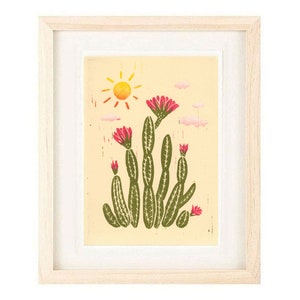 PINK KAKTUS BLUMEN mit Sonne Wüste Szene Kunst, Tulpen Kaktus Poster Größe Linolschnitt Reproduktion Kunstdruck: 8 x 10, 9 x 12, 11 x 14, 12 x 16