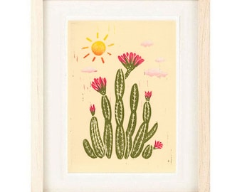PINK CACTUS FLOWERS with Sun Desert Scene Art, Tulip Cactus Poster Size Linocut Reproduction Art Print: 8 x 10, 9 x 12, 11 x 14, 12 x 16