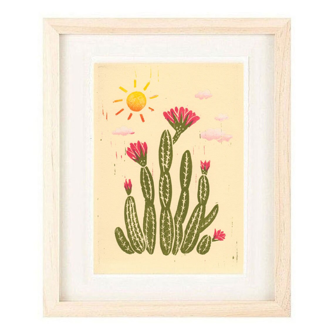 Pink Cactus Flowers With Sun Desert Scene Art, Tulip Cactus Poster Size Linocut Reproduction Art Pri