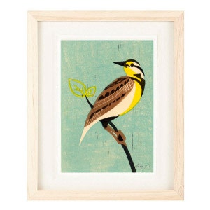 MEADOW LARK Bird Poster Size Linocut Reproduction Giclee Art Print: 8 x 10, 11 x 14, 12 x 16, Wall Art, Home Decor, Shabby Chic, Farmhouse