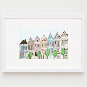 SAN FRANCISCO, CALIFORNIA Victorian Colorful Houses 8 x 10, 11 x 17 Painted Ladies Illustration Art Print, Wall Decor, Blue, Pink image 2