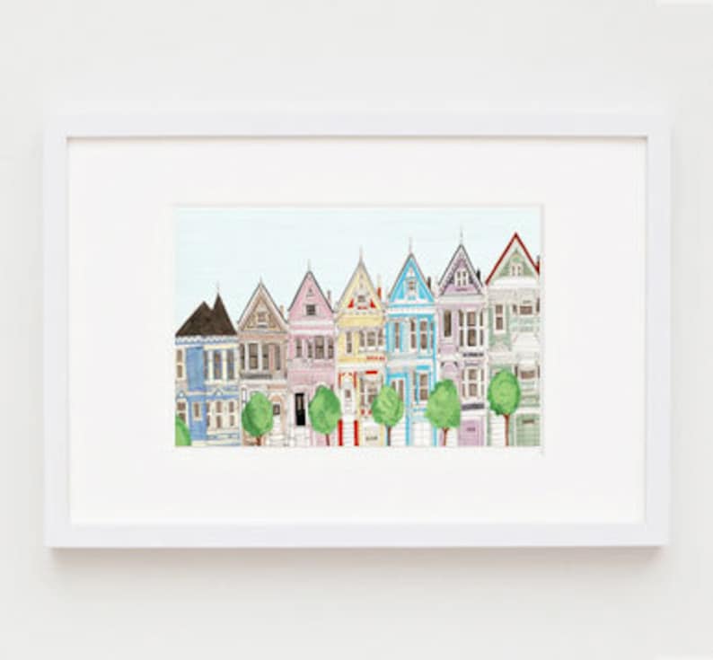 SAN FRANCISCO, CALIFORNIA Victorian Colorful Houses 8 x 10, 11 x 17 Painted Ladies Illustration Art Print, Wall Decor, Blue, Pink image 2