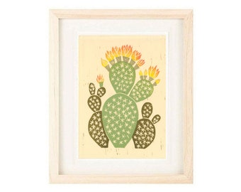Fire BUNNY EARS CACTUS Desert Art Print: 4 x 6, 5 x 7,  Linocut Reproduction Giclee, Wall Art, Home Decor, Desert Boho Modern Art, Southwest