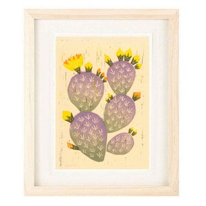 DESERT PURPLE CACTUS, Wüste Kunst Santa Rita stachelige Birne Kaktus Poster Größe Linolschnitt Reproduktion Kunstdruck: 8 x 10, 9 x 12, 11 x 14, 12 x 16