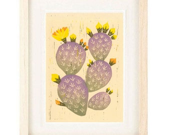 DESERT PURPLE CACTUS, Desert Art Santa Rita Prickly Pear Cactus Poster Size Linocut Reproduction Art Print: 8 x 10, 9 x 12, 11 x 14, 12 x 16