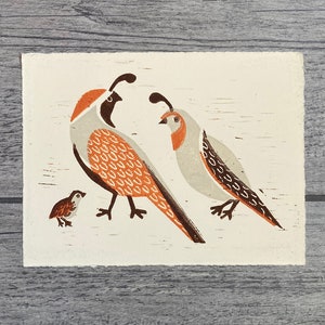 QUAIL FAMILY - Wüsten inspirierte Original Handgemachte Linolschnitt Illustration Kunstdruck für Raum und Wand Dekor, Erdtöne, Südwesten 5 x 7