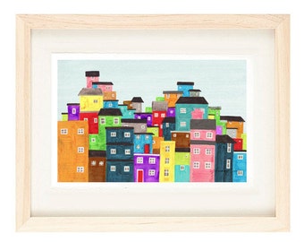 RIO DE JANEIRO, Brazil - Colorful Favela Illustration Art Print Poster 8 x 10 or 11 x 17, South America, Wall Decor, Orange, Blue, Red, Ye