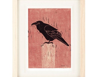 COMMON RAVEN Poster Size Reproduction Linocut Art Print: 8 x 10, 9 x 12, 11 x 14, 12 x 16