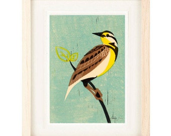 MEADOW LARK Bird Linocut Reproduction Giclee Art Print: 4 x 6, 5 x 7, Wall Art, Home Decor, Rustic, Shabby Chic, Farmhouse Style