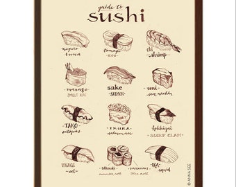 Sushi Lovers Gift, Sushi Guide Illustration, Vintage Style, Illustration Art Print, Home Decor, Foodie, Poster, Japanese Food, Gift Idea