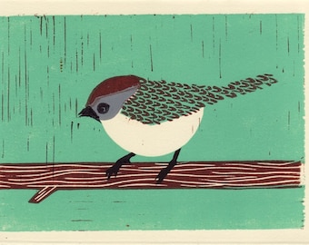 BUSHTIT - Original Illustration Linocut Block Art Print, Blue, Green, Brown, 5 x 7, Handmade, Wall Decor