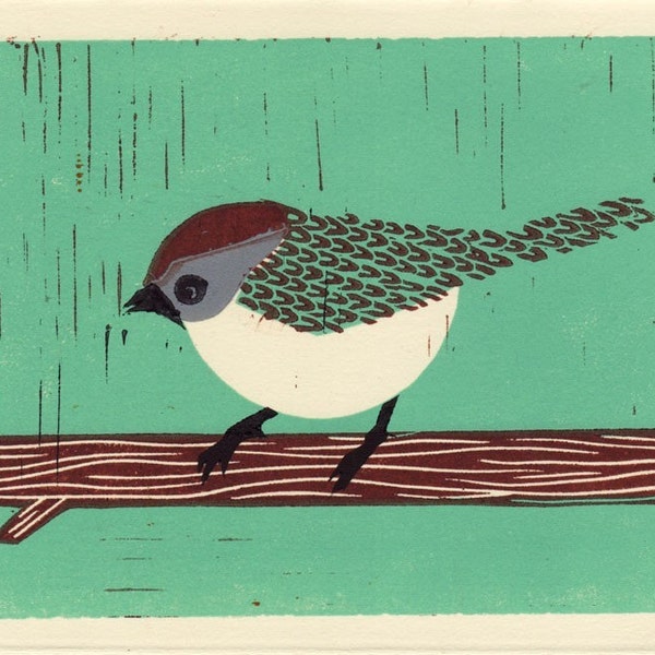 BUSHTIT - Ilustração original Linocut Block Art Print, azul, verde, marrom, 5 x 7, feito à mão, decoração de parede
