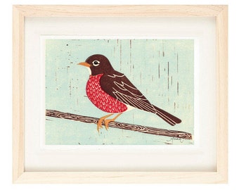 AMERICAN ROBIN Linolschnitt Reproduktion Kunstdruck: 4 x 6, 5 x 7