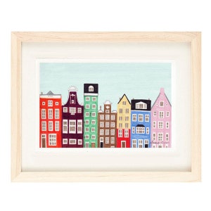 AMSTERDAM, NETHERLANDS -  11 x 17 Dutch Buildings and Houses Scandinavian Design Colorful Nursery Illustration Art Print